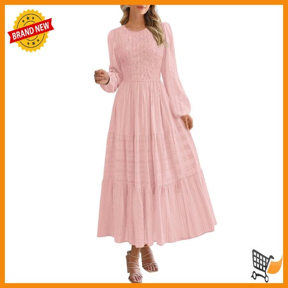 Long Sleeve Smocked Maxi Dress with Pockets, Tiered Flowy